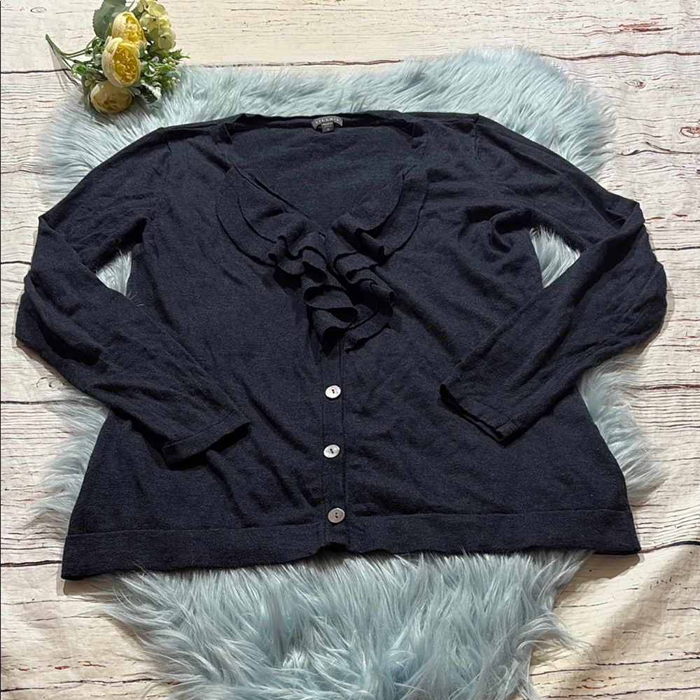 LILLA P Cashmere Blend Navy Ruffle Front V Neck Button Up Cardigan Sweater sz M